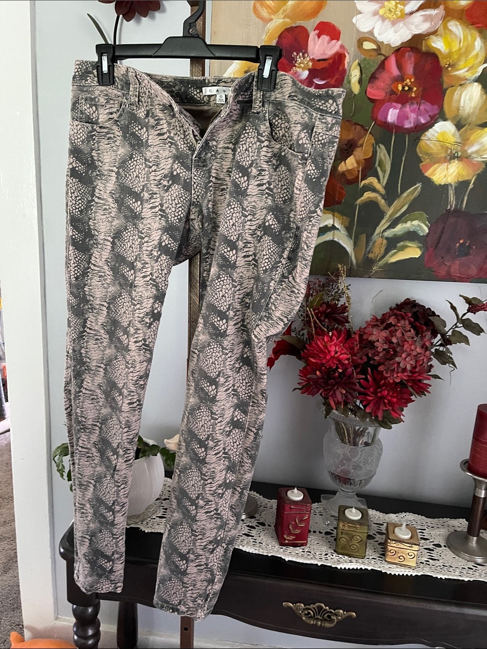 CAbi Pink and Gray Snake-Print Skinny Pants